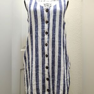 First Monday Women's Linen Blend Button Down Stripped Dress W/Pockets- M